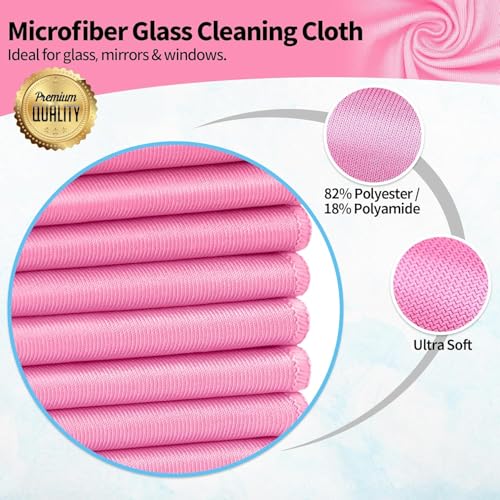 Microfiber Cleaning Cloth - 6 Pack Glasses Cleaning Cloth, 16" x 14" Window Cleaning Rags, Streak Free Lint Free Polishing Cloths Wipes for Eye Glass, Stainless Steel, Windshield, Pink - color: Pink, size: 16" x 14"