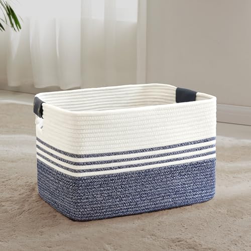 60L Woven Laundry Basket Hamper with Leather Handles,Denim Blue - color: Denim Blue, size: 60L