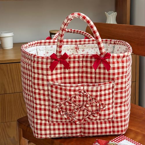 Storage Basket Boho Fabric Large Collapsible Floral Laundry Nursery Hamper Portable Folding Storage for Clothes Toys (Red Plaid) - color: Red Plaid