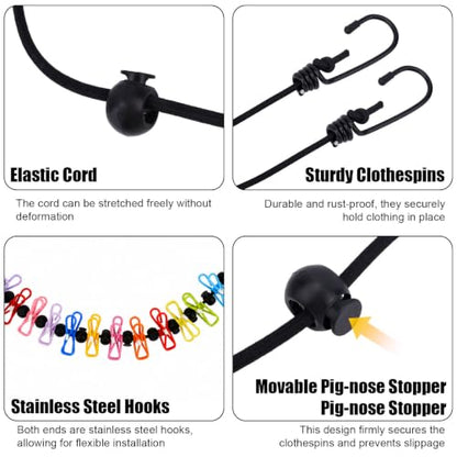 Travel Clothesline for Cruise Ship, Stretchable Clothes Line with 2 Magnetic Hooks & 12 Clothes Clips & Storage Bag Portable Laundry Line for Hotel Camping RV Outdoor Indoor Laundry Drying