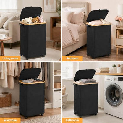 Slim Laundry Hamper with Wheels 75L with Removable Wash Bag Black - color: Black