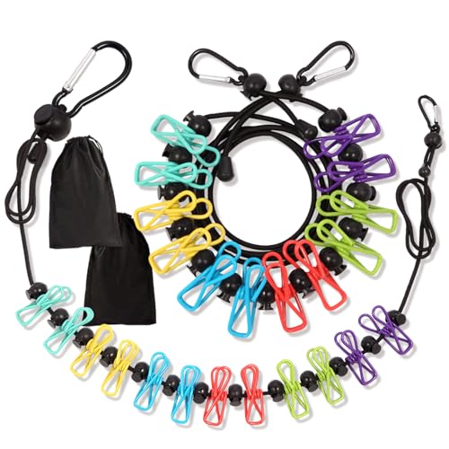 2 Pack Portable Travel Clothesline with 12 Clothespins, Retractable Portable Clothesline for Camping, RV, Backpacking,Hotel Set 2 D Ring Carabiner Clip，Can extends to 11ft, Storage Bag Included.