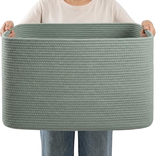 75L Green Cotton Rope Storage Basket, Large Rectangle Laundry Hamper with Handles, 22”x17”x12” Woven Blanket and Toy Basket for Living Room, Bedroom and Nursery - color: Green, size: 75L