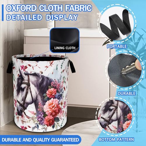 Horse Flowers Laundry Basket Foldable Oxford Cloth Hamper 18.9 x 16.5 Inch - color: White Horse Flowers