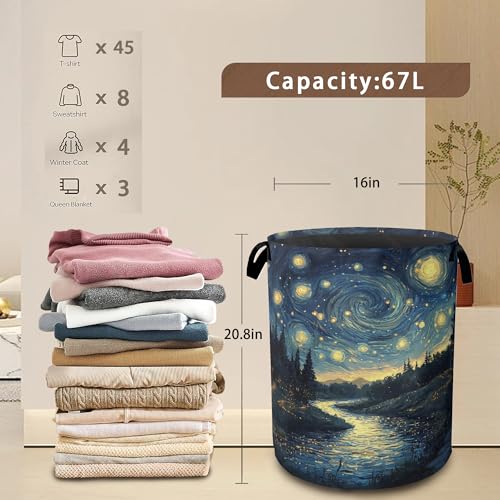 Night Sky Laundry Hamper,Collapsible Laundry Baskets,Stream Fireflies Dirty Clothes Baskets with Handles,Oxford Cloth Hamper for Bedroom,Bathroom,College Dorms, 16"x20" - color: Night Sky,Stream Fireflies