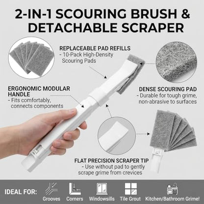 Crevice Cleaning Brush with 10 Replacement Scouring Pads, Deep Detail Scrubbing Tool for Window Track, Sliding Door Rail, Tile Grout, Shower - color: Gray Brushes+10 Clothes