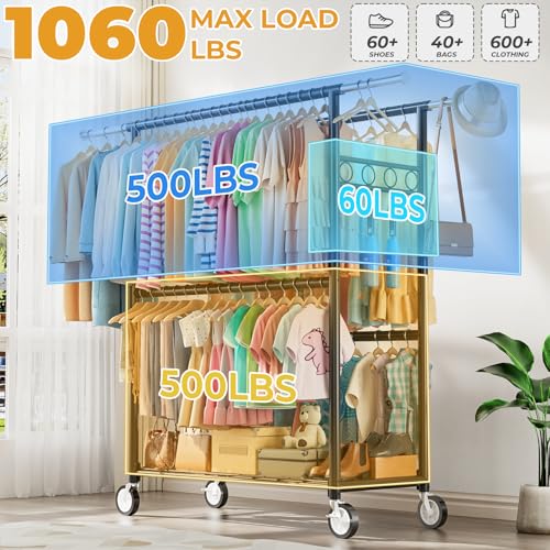Heavy Duty Clothes Rack Load 1060LBS, Four Rods Rolling Clothing Racks for Hanging Clothes, Rolling Garment Rack With Sturdy Wheels Shelves Hooks, Portable & Adjustable Commercial Garment Rack, Black - color: Black, size: 20.0" x 60.6" x 72.8"(4 Rods)