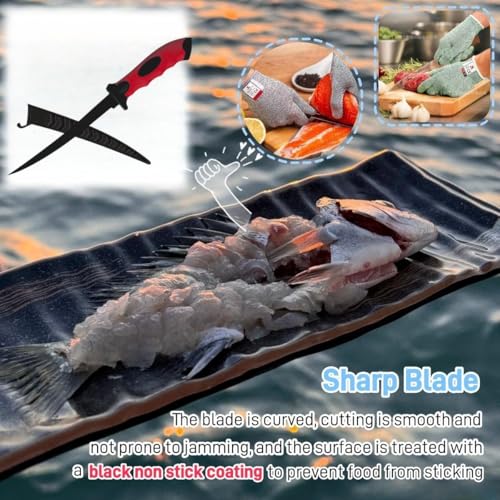 Fishing Knife Set, Fish Cleaning Kit, Filet Knife for Fish, Fish Scale Cleaning Brush, Multi-Functional Scissors, Gloves, Fishbone Tweezers, Storage Bag,Fishing Accessories,Fishing Tool Kit - size: 7PCS-Red