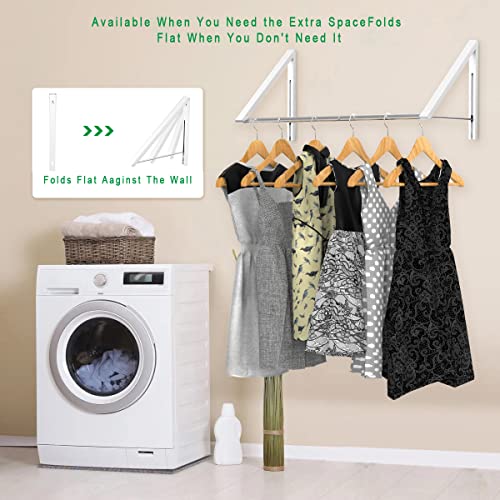 Laundry Room Drying Rack Wall Mounted Clothes Hanger Folding Wall Coat Racks Aluminum Home Storage Organiser Space Savers White 2 Rakcs with Rod - color: White