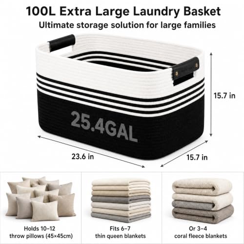Cotton Rope Laundry Basket Extra Large, 25.4GAL Collapsible Woven Storage Baskets for Living Room Kids Toys Stuffed Animal,Boho Rectangular Decorative Hamper for Dirty Clothes, Blankets White Black - color: WhiteBlack, size: 25.4GAL