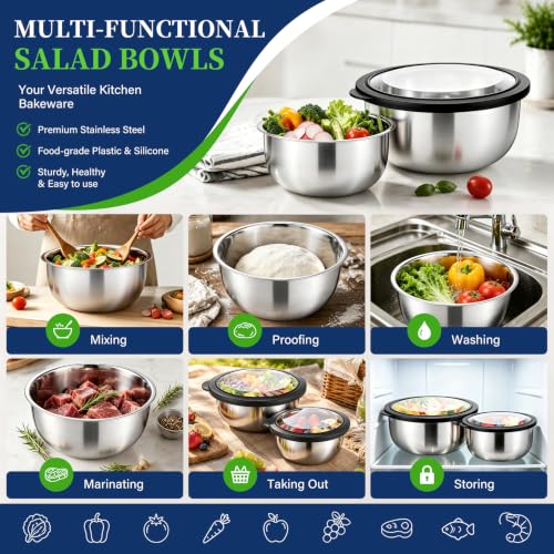 P&P CHEF Mixing Bowls with Lids Set of 3, Black Stainless Steel Salad Bowl - color: Black