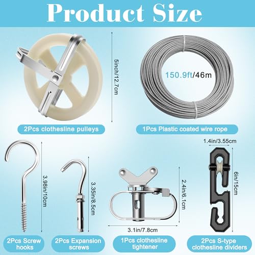 Outdoor Clothesline Kit, 150.9FT Wire Rope with Pulleys