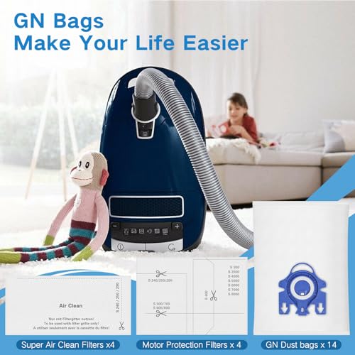 14 Pack 3D Airclean GN Vacuum Bags Compatible with Miele Classic C1, Complete C2, Complete C3, S2 S5 S8 S400 Series Dust Bags with 4 Motor Protection Filters, 4 Exhaust Filters - style: GN Bag-14 Pack