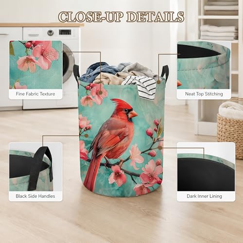 Cardinal Bird Laundry Basket, Pink Flowers Collapsible Laundry Hamper Waterproof Oxford Cloth With Handles, Clothes Storage Bucket For Bathroom/Bedroom 16" x 20.8" - color: Cardinal Bird