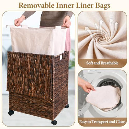 Livole Wicker Laundry Hamper with Lid & Wheel, Rattan Laundry Basket, 90L - color: Brown, size: 90L