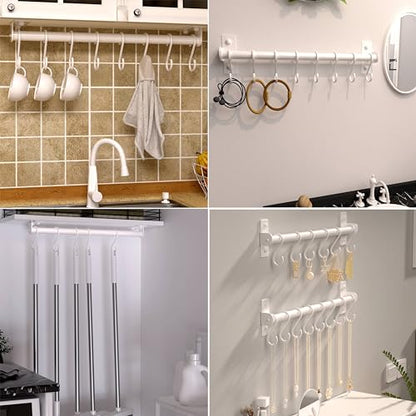 Dseap Kitchen Utensil Holder Hanger, Pot and Pan Rack Wall Mounted, Kitchen Rail with 8 Hooks for Hanging Cooking Utensils, Mugs, Spoons, Wall Mounted, White - color: White