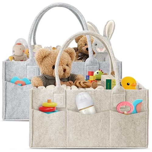 HIPHOP PANDA 2-Pack Diaper Caddy Organizer - Nursery Storage Bin & Car Organizer for Diapers, Wipes, and Baby Essentials - Dual-Color Solid Set (Grey/Oatmeal), Large Size - color: Oatmeal and Grey, size: Large