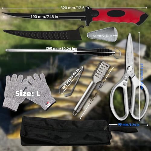 Fishing Knife Set, Fish Cleaning Kit, Filet Knife for Fish, Fish Scale Cleaning Brush, Multi-Functional Scissors, Gloves, Fishbone Tweezers, Storage Bag,Fishing Accessories,Fishing Tool Kit - size: 7PCS-Red
