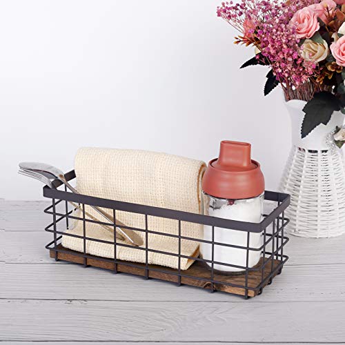 TIEYIPIN Small Metal Wire Storage Basket, Detachable Wood Base Storage Organizer Bin Basket for Kitchen Cabinets, Bathroom, Pantry, Garage, Laundry Room - Brown (2 Pack) - color: Brown, size: 2 Pack