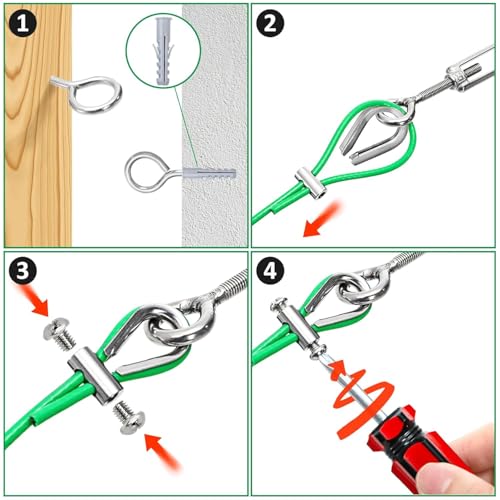 Elsjoy 100FT Cable Wire Turnbuckle Kit, 1/8" Green PVC Coated Wire Rope M5 Turnbuckle Tensioner Kit, Stainless Steel Outdoor Hanging Cable for Grape Vine, Clothes Line, Garden