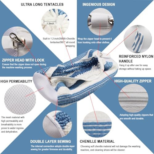 Shoe Washing Machine Bag,Blue and white stripes Mesh Shoe Washing Bag for Washing Machine - Large Size Fits various Shoes, Chenille Fabric Protection, Zipper Laundry Bag for Sneakers (2 Pcs) - color: blue and white