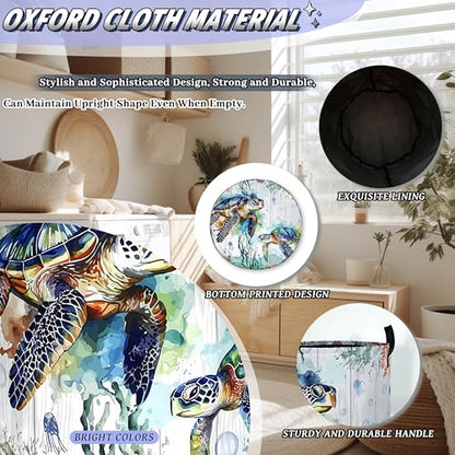 Ocean Sea Turtle Laundry Basket Oxford Cloth Foldable Hamper 18.9x16.5 Inch - color: Cute Blue Turtles Ocean Beach
