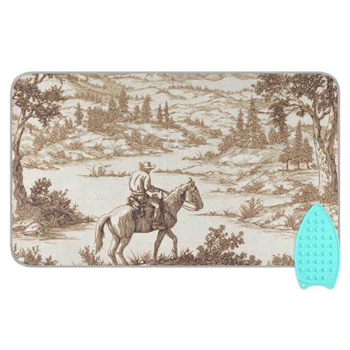 Cowboy Riding Horse Mountain Brown Ironing Mat Portable Ironing Pad Blanket with Silicone Iron Rest for Table Top Travel Heat Resistant Double-Side Using Large 47x28 Inch Foldable - color: Cowboy Riding Horse Mountain Brown