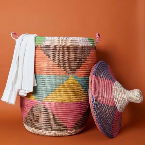 Multicolor Large Lidded Storage Basket for Laundry, Woven Storage Basket for Clothes, Blankets and Toys, 18" Wide x 23" Tall - color: Colorful Triangles