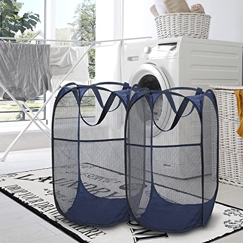 BATTOO Deluxe Strong Mesh Pop up Laundry Hamper Basket with Side Pocket Foldable Hamper for Laundry Room, Bathroom, Kids Room, College Dorm or Travel Navy + Navy - color: Navy+Navy