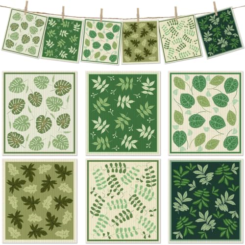 6 Pcs Swedish Paper Cloths for Kitchen, Reusable Paper Towels Washable - color: Green Plant Leaves