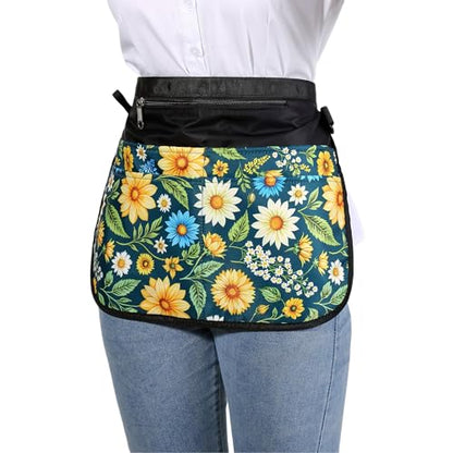 Waterproof Server Apron for Women with 5 Pockets,Quickly Put on and Take off Waitress Aprons,Work Apron for Bartender Barista - color: Green Flowers