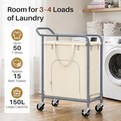 Laundry Basket with Wheels, Rolling Laundry Hamper with 38.4" Tall Handle for Less Bending, Bottom-Opening Design for Easy Unloading, Slim 150L Rolling Laundry Cart for Apartment, Dorm & Home - color: Beige