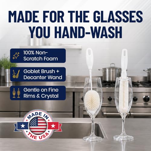 Set of 2 Crystal Stemware & Goblet Glass Cleaning Brush Kit - Non-Scratch Foam Wine Glass Brushes for Washing Glasses, Decanter, Mug, Stemware - for Home, Restaurant, Bar, Hotel - by FryOilSaver Co. - size: Set of 2