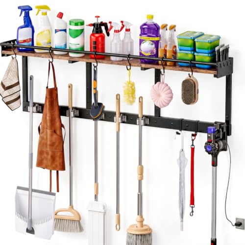 Broom Holder Wall Mount with Shelf,Broom Hanger,3 in 1 Broom and Mop Organizer Wall Hanging for Laundry,Garage,Utility,Broom Rack,Vacuum Stand Alternative,Cleaning Supplies Organizer Storage,Black,XL - color: Black, size: XL