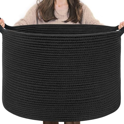 INDRESSME XXXLarge Woven Rope Blanket Basket Living Room Black, 90L - color: Black, size: 21.7"D x 13.8"H