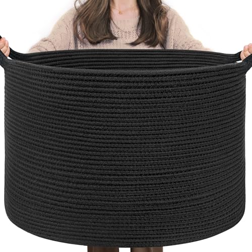 INDRESSME XXXLarge Woven Rope Blanket Basket Living Room Black, 90L - color: Black, size: 21.7"D x 13.8"H