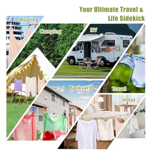 2 Pack Portable Travel Clothesline with 12 Clothespins, Retractable Portable Clothesline for Camping, RV, Backpacking,Hotel Set 2 D Ring Carabiner Clip，Can extends to 11ft, Storage Bag Included.