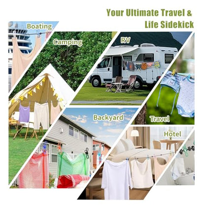 2 Pack Portable Travel Clothesline with 12 Clothespins, Retractable Portable Clothesline for Camping, RV, Backpacking,Hotel Set 2 D Ring Carabiner Clip，Can extends to 11ft, Storage Bag Included.