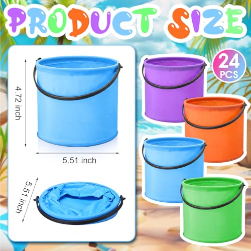 24 Pcs 5 Inch Sand Bucket Bulk Foldable Beach 1.84L Small Collapsible Colorful Pail Bucket Portable Paint Brush Washer for Outdoor Summer Beach Activity Camping Gardening Fishing 4 Colors