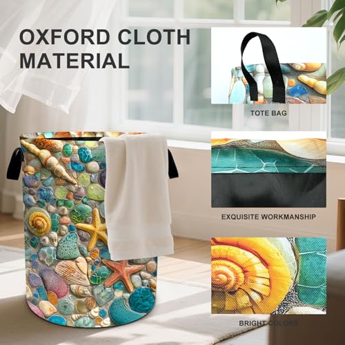 Beach Seashell Laundry Basket Collapsible Oxford Cloth Fabric Hamper,Tote Bag Portable Storage Bin for Bedroom Bathroom Laundry Room 19.6x15.7 Inch - color: Beach Seashell