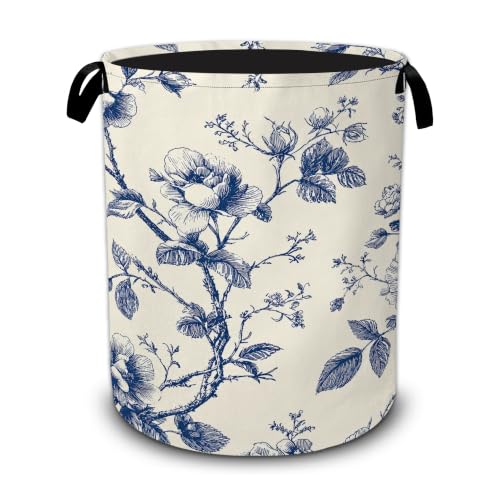 Vintage Blue Flowers Laundry Basket,Botanical Floral Foldable Oxford Laundry Hamper with Handles,Portable Clothes Tote Bag Clothes Storage Bucket Organizer For Bathroom/Laundry Storage/Bedroom - color: Vintage Blue Flowers Botanical Floral