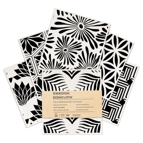 6 Pack Swedish Dishcloths Black White Geometric Kitchen Towels 02 - color: Multi 1529