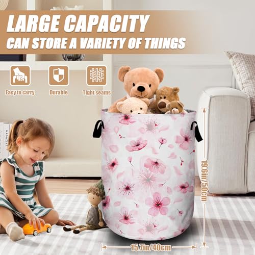 Watercolor Cherry Blossom Laundry Basket, Foldable Pink Flower Laundry Hamper Tote Bag Dirty Clothes Storage Bucket Organizer for Bathroom/Laundry/Bedroom 15.7"x19.6" - color: Watercolor Cherry Blossom