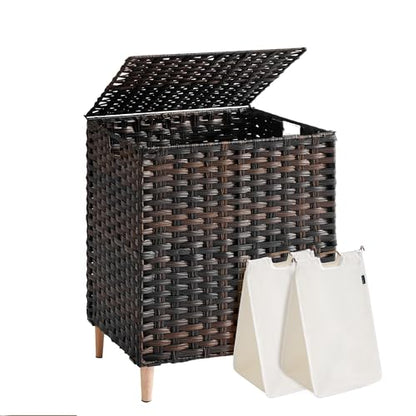 SONGMICS 2-Section Laundry Hamper with Lid, PE Rattan, 29 Gallons (110 L) - color: Chestnut Brown, size: 110 L (2 Basket)