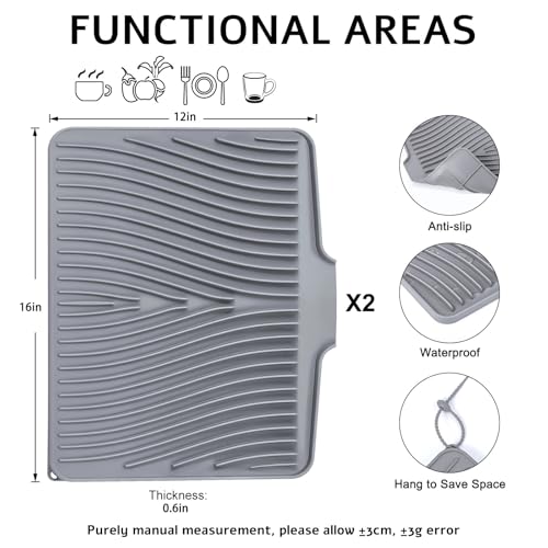 TIKNIK Silicone Dish Drying Mat for Kitchen Counter, Grey-2pcs, 16" x 12" - color: Grey-2pcs, size: 16" x 12"