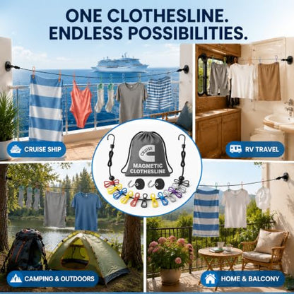 Magnetic Clothesline for Cruise Ship Cabin Approved, Strong Rubber Coated Non-Scratch Magnets, Travel Clothesline for Cruise Ship Essentials 2025