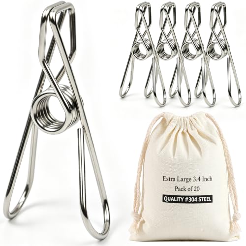 20 Pack Large Clothes Pins, 3.4inch Stainless Steel Wire Clothespins Heavy Duty with Storage Bag, Thick 2.5 mm Metal Clothes Pegs Laundry Clips for Indoor Outdoor Use