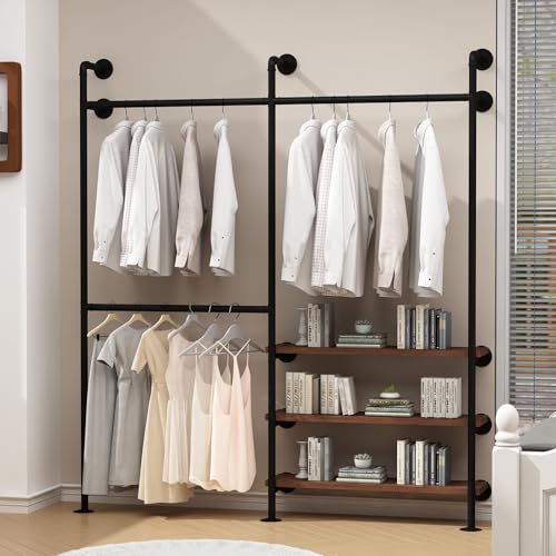 HOMEKAYT Industrial Pipe Clothes Rack,Wall Mounted Clothing Rack with Shelves, Heavy Duty Multi-Purpose Storage Clothes Hanging Shelf - 70.8''L Black - color: black, size: 70.8''L-B