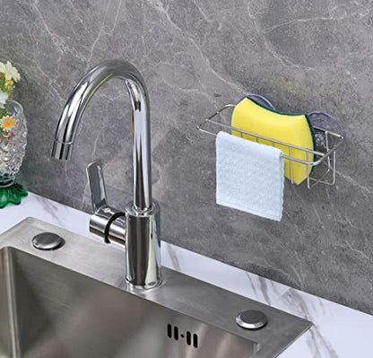 TESOT Sink Caddy Sponge Holder for Kitchen Sink Dish Cloth Hanger 2 Suspension Options(Suction Cups and Adhesive Hook), SUS304 Stainless Steel, Silver - color: Silver