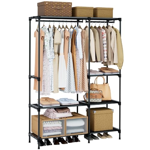 CASAMAYA Clothes Rack, Portable Closet, 44.9 Inch Large Capacity Wardrobe Closet, Clothes Storage Organizer with Shelves and 2 Hanging Rods, Easy to Assembly, Black PCT021B01 - size: 44.9"L x 16.9"W x 77.6"H